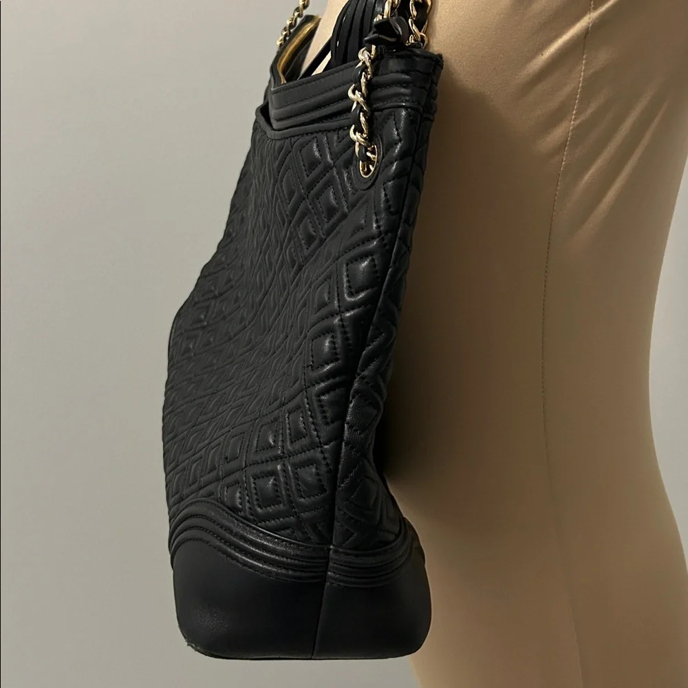 Tory Burch Fleming Black Leather Quilted Tote Bag